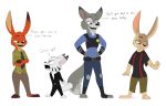  2018 alternate_species anthro barefoot belt bottomwear canid canine clothed clothing crossed_arms dialogue disney ear_markings english_text facial_markings fennec finnick fox fully_clothed fur ggchristian green_eyes grey_body grey_fur group head_markings jack_savage judy_hopps lagomorph leporid male mammal markings necktie nick_wilde pants police_uniform rabbit shirt standing suit tan_body tan_fur text topwear uniform zootopia 