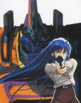  1990s_(style) 1girl aiming_at_viewer blue_eyes blue_hair gun handgun hands_together highres holding holding_gun holding_weapon long_hair long_sleeves looking_at_viewer mecha mikimoto_haruhiko nataruma official_art orguss_02 revolver scan solo two-handed very_long_hair weapon 