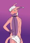  2019 absurd_res anthro blush collar collar_only convenient_censorship dakota_eden_may_(obey138) digital_media_(artwork) fur hair heterochromia hi_res leash leash_and_collar male milodoggo nude pink_body pink_fur purple_body purple_fur short_hair solo stripes tagme tail_censorship tongue tongue_out vernid white_hair 