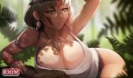  1girl arm_up armlet armpits bangs breasts brown_hair cleavage closed_mouth facepaint fern highres k19 large_breasts mononoke_hime outdoors san short_hair tank_top thighs tooth_necklace white_tank_top yellow_eyes 