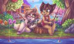  animal_crossing anthro black_hair bottomless brown_hair canid canine canis clothed clothing dimmi_(character) dimwitdog dipstick_tail domestic_dog duo female fishing fishing_rod fur green_eyes hair hi_res male mammal multicolored_tail nintendo pawpads river sitting video_games vin_(pkfirefawx) yellow_body yellow_fur 