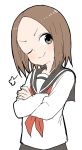  1girl ;) absurdres bangs black_sailor_collar black_skirt blush brown_eyes brown_hair closed_mouth commentary_request crossed_arms forehead head_tilt highres karakai_jouzu_no_(moto)_takagi-san long_sleeves neckerchief nishikata_chii official_art one_eye_closed parted_bangs red_neckwear sailor_collar school_uniform serafuku shirt short_hair simple_background skirt smile solo v-shaped_eyebrows white_background white_shirt yamamoto_souichirou 