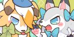  2017 2:1 ? black_nose blue_eyes blush bow claws clothing duo eyelashes fangs female fur green_background grey_body grey_fur hair half-closed_eyes hat headgear headwear looking_at_another lycanroc male midday_lycanroc midnight_lycanroc multicolored_body multicolored_fur narrowed_eyes nintendo open_mouth pink_inner_ear pok&eacute;mon pok&eacute;mon_(species) scarf signature simple_background spikes tongue tongue_out tuft video_games white_body white_fur white_hair wolfwithwing yellow_body yellow_fur 