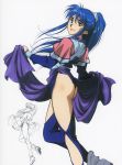  1990s_(style) 1girl blue_eyes blue_hair high_ponytail highres lifted_by_self long_hair long_sleeves looking_at_viewer mikimoto_haruhiko nataruma official_art orguss_02 pelvic_curtain scarf simple_background solo variations white_background 