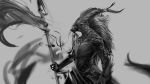  16:9 2020 anthro armor asian_mythology barbel_(anatomy) biped clothed clothing digital_media_(artwork) dragon east_asian_mythology eastern_dragon facial_hair flesh_whiskers goatee grey_background greyscale hair headgear helmet holding_object holding_weapon horn long_hair male melee_weapon monochrome mythology polearm simple_background solo spear standing watsup weapon widescreen 