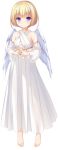  1girl angel_wings barefoot blonde_hair blue_eyes detached_sleeves dress eyebrows_visible_through_hair feathered_wings full_body highres jewelry long_dress mikagami_mamizu neck_ring official_art parfil short_hair smile solo steepled_fingers transparent_background white_dress white_wings wings world_election 