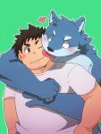  &lt;3 2020 anthro belly blue_body blue_fur blush canid canine canis clothing domestic_dog duo eyes_closed fur green_background green_bell hi_res hug hugging_from_behind human inakamichi kemono licking male male/male mammal overweight overweight_male shirt simple_background tongue tongue_out topwear 