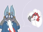  2020 4:3 alex_luca ammie_lycan anthro aviator_glasses aviator_jacket biped blue_background blue_body blue_clothing blush boop canid clothed clothing digital_drawing_(artwork) digital_media_(artwork) duo eyes_closed eyewear female fluffy fur goggles hair happy lucario lucavia_(artist) lycanroc male mammal nintendo nose_boop open_mouth paws pok&eacute;mon pok&eacute;mon_(species) red_body red_fur simple_background smile video_games white_body white_fur 