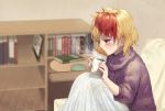  1girl alternate_costume animal_on_head ari_don bird bird_on_head blonde_hair blurry blurry_background blush book bookshelf casual chair chick coffee_mug contemporary cup depth_of_field fingernails from_side holding holding_cup indoors knees_to_chest looking_down mug multicolored_hair niwatari_kutaka on_head parted_lips profile purple_sweater red_eyes red_hair saucer short_hair sitting skirt sleeves_pushed_up solo steam sweater table touhou turtleneck turtleneck_sweater two-tone_hair white_skirt 