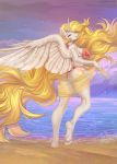  2020 anthro beach bikini blonde_hair clothing day detailed_background digital_media_(artwork) equid feathered_wings feathers female friendship_is_magic hair hasbro hi_res horn mammal margony my_little_pony outside princess_celestia_(mlp) sand seaside shoreline sky smile solo swimwear water white_body white_feathers winged_unicorn wings 