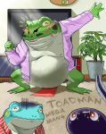  2020 amphibian asian_clothing belly blue_body blush clothed clothing detailed_background east_asian_clothing eyes_closed frog fundoshi green_body group hi_res humanoid_hands inside japanese_clothing male moobs nipples open_shirt overweight overweight_male q83561965 shirt topwear underwear 