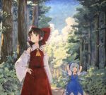  2girls :o arm_at_side arms_behind_head arms_up blue_dress blue_eyes blue_hair blue_sky brown_eyes brown_hair cirno cloud commentary_request cravat day detached_sleeves dress forest hair_between_eyes hair_ribbon hair_tubes hakurei_reimu hand_on_hip looking_to_the_side looking_up marker_(medium) multiple_girls nature neck_ribbon outdoors pinafore_dress puffy_short_sleeves puffy_sleeves red_neckwear red_skirt red_vest ribbon ribbon-trimmed_sleeves ribbon_trim road shiratama_(hockey) shirt short_hair short_sleeves sidelocks skirt sky standing touhou traditional_media vest white_shirt wings yellow_neckwear 