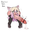  2018 animal_humanoid blonde_hair bodily_fluids cat_humanoid censored clothing cum cyrie felid felid_humanoid feline feline_humanoid footwear fusion genital_fluids genitals hair high_heels humanoid legwear mammal mammal_humanoid penis red_eyes shoes simple_background solo stockings surprise what white_background 