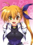  1girl ahoge artist_name bangs black_bodysuit blonde_hair blush bodysuit bow breasts clip_studio_paint_(medium) commentary_request dated eyebrows_visible_through_hair gradient gradient_background green_eyes hair_between_eyes hair_bow heterochromia highres jacket long_hair looking_at_viewer lyrical_nanoha mahou_shoujo_lyrical_nanoha_vivid medium_breasts open_clothes open_jacket open_mouth photoshop_(medium) pink_background purple_bow red_eyes san-pon side_ponytail sidelocks simple_background smile solo star_(symbol) upper_body vivid_strike! vivio white_background white_jacket 