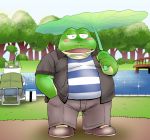  2020 amphibian anthro blush bottomwear chair clothed clothing detailed_background duo eyes_closed fishing frog furniture green_body hat headgear headwear kemono male open_shirt outside overweight overweight_male pants shirt sitting topwear toshi_(artist) water 