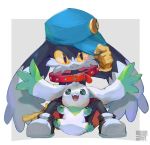  1boy :3 adjusting_headwear animal_ears artist_name black_eyes black_footwear blue_headwear border claws closed_mouth collar commentary_request crossover digimon fangs full_body furry gloves green_eyes grey_background hand_up happy hat kaze_no_klonoa klonoa knees_up looking_at_another looking_at_viewer looking_up male_focus no_humans open_mouth oversized_clothes red_shorts shirtless shoes shorts simple_background sitting smile spread_legs teeth terriermon twitter_username watermark white_border yellow_gloves yellow_sclera yoshiya_(ina_ba_ya) 