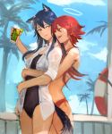  2girls ^_^ ^o^ alternate_costume animal_ears arknights bare_legs bikini black_hair black_swimsuit blue_sky blush breasts closed_eyes closed_mouth cloud cloudy_sky collared_shirt commentary cowboy_shot cup day drink earrings english_commentary exusiai_(arknights) glass halo highres holding holding_cup hug hug_from_behind innertube jewelry kupikuuu lime_slice long_hair looking_at_another looking_back medium_breasts multicolored_hair multiple_girls one-piece_swimsuit open_clothes open_mouth open_shirt orange_eyes outdoors palm_tree red_bikini red_hair shirt short_hair short_sleeves sky smile streaked_hair sweatdrop swimsuit tail texas_(arknights) thighs tree two-tone_hair white_shirt wolf_ears wolf_tail yuri 