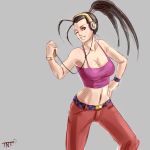  1girl ;) antenna_hair belt black_hair breasts cable camisole casual checkered cleavage commentary crop_top digital_media_player eltonel english_commentary hand_on_hip headphones high_ponytail highres ibuki_(street_fighter) listening_to_music looking_at_viewer medium_breasts midriff navel no_bra one_eye_closed pants signature sketch smile solo spaghetti_strap street_fighter street_fighter_iii_(series) watch wristwatch 