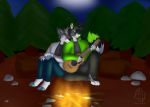  aiden_(skitch) anthro campfire canid canine canis clothed clothing deacon_(skitch) duo felid guitar hi_res leopard male male/male mammal musical_instrument pantherine plucked_string_instrument romantic_ambiance romantic_couple sarkery_drawings smile string_instrument wolf 