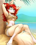  2020 abluedeer anthro beach breasts brown_eyes canid canine cleavage clothed clothing day detailed_background digital_media_(artwork) eyebrows eyelashes female fennec fox hair hi_res looking_at_viewer mammal marie-claire outside red_hair sand seaside shoreline sitting sky smile solo the_depths under_boob water 