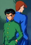  2boys back-to-back black_hair brown_eyes cowboy_shot hand_in_pocket height_difference kuwabara_kazuma looking_at_viewer male_focus multiple_boys orange_hair petagon pompadour school_uniform short_hair simple_background smile urameshi_yuusuke yuu_yuu_hakusho 