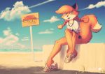  2020 anthro beach canid canine cheek_tuft clothing cloud cute_fangs detailed_background dipstick_tail facial_tuft female footwear fox fox-pop fur mammal multicolored_tail open_mouth open_smile orange_body orange_fur sand seaside shoes sitting sky smile solo tuft 