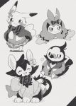  :&gt; :3 =3 bird blush bow bowtie cape closed_eyes closed_mouth clothed_pokemon commentary fang flower full_body gen_1_pokemon gen_4_pokemon gen_5_pokemon greyscale hair_flower hair_ornament hand_up happy heart heart_in_eye highres light_blush luxio miniskirt monochrome necktie pikachu pleated_skirt pokemon pokemon_(creature) shirt simple_background sitting skirt smile standing starly striped striped_neckwear swadloon sweater symbol_in_eye tomao two-tone_background white_background 
