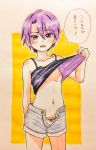  1girl black_tank_top blush cowboy_shot grey_shorts hair_between_eyes highres nanase774938 navel nipples open_mouth original pulled_by_self purple_eyes purple_hair short_hair shorts solo spaghetti_strap speech_bubble tank_top tank_top_lift traditional_media translation_request 