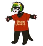  ambiguous_gender anthro black_body black_fur clothing collar domestic_ferret facial_piercing fur green_hair hair hi_res humor mammal multicolored_hair mustela mustelid musteline parnell pawpads piercing shirt simple_background sneel solo spiked_collar spikes topwear white_background 