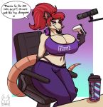  absurd_res anthro big_breasts bottle breasts brown_hair chair cleavage clothed clothing cury_figure dialogue didelphid english_text female furniture g_fuel gfuel hair headphones headphones_around_neck hi_res huge_breasts mammal marsupial metalfoxxx ponytail sitting solo tania_(stunnerpone) text thong thong_straps thot twitch_thot underwear virginia_opossum yoga_pants 