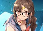  1girl bangs bare_shoulders bishoujo_senshi_sailor_moon blue_sailor_collar blush braid breasts brown_eyes brown_hair choker circlet cleavage clenched_teeth clip_studio_paint_(medium) consort_yu_(fate) cosplay derivative_work earrings fate/grand_order fate_(series) glasses heart heart_choker hidebuu jewelry large_breasts long_hair looking_at_viewer multiple_earrings painttool_sai_(medium) red_choker sailor_collar sailor_moon sailor_moon_(cosplay) sailor_moon_redraw_challenge sailor_senshi_uniform screencap_redraw solo teeth very_long_hair 