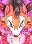  2017 ambiguous_gender black_markings black_nose canid canine dusk_lycanroc ear_markings facial_markings feral flufflix fur green_eyes hair head_markings hi_res highlights_(coloring) lycanroc mammal markings nintendo orange_body orange_fur pink_inner_ear pok&eacute;mon pok&eacute;mon_(species) portrait signature solo sparkles spikes star tuft video_games white_body white_fur 