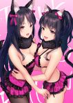  2girls :d animal_ear_fluff animal_ears ass bare_arms bare_shoulders black_hair black_panties bow bra breasts brown_legwear cat_ears cat_girl cat_tail checkered cleavage corset cowboy_shot daidai_jamu fox_ears fox_girl fox_tail frilled_bra frilled_skirt frills fur_collar gradient gradient_background hair_bow highres lingerie long_hair looking_at_viewer medium_breasts microskirt midriff miniskirt multiple_girls open_mouth original panties pantyhose pink_bra pink_eyes pink_skirt pink_theme ponytail skirt smile standing strap_pull strapless string_bra tail tail_raised thighs underwear 