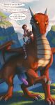  arokh_(drakan) brown_clothing brown_topwear clothing day daylight dialogue dragon drakan drakawa erection female feral grass hair hi_res male mountain red_body red_hair red_scales riding_on_back riding_sidesaddle rynn scales topwear yellow_eyes yellow_underbelly 