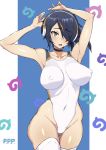  1girl armpits arms_up ass_visible_through_thighs black_hair blue_background breasts brown_eyes commentary_request covered_navel covered_nipples cowboy_shot emperor_penguin_(kemono_friends) hair_over_one_eye headphones highleg highleg_leotard highleg_swimsuit highres japari_symbol kemono_friends large_breasts leotard long_hair looking_at_viewer mordeth multicolored_hair solo swimsuit thigh_gap thighhighs two-tone_background white_background white_legwear white_swimsuit 