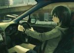  1girl black_hair car car_interior cityscape commentary driving english_commentary ground_vehicle hood hoodie kensight328 motor_vehicle original scenery short_shorts shorts sitting solo steering_wheel watch wristwatch 