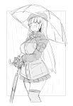 1girl bangs beret blush breasts commentary_request girls_frontline gloves greyscale hair_ornament hat highres hk416_(girls_frontline) jacket large_breasts long_hair looking_at_viewer monochrome murachan_(kuzukago) rain sketch skirt smile solo teardrop thighhighs transparent transparent_umbrella umbrella 