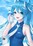  1girl :d alternate_costume artist_name bare_arms bare_shoulders blue_eyes blue_hair blue_shirt blue_sky blush bottle breasts cloud collarbone collared_shirt commentary day grey_neckwear grey_ribbon hair_ribbon hatsune_miku highres holding holding_bottle looking_at_viewer necktie open_mouth outdoors pocari_sweat ribbon shirt sky sleeveless sleeveless_shirt small_breasts smile solo sparkling_eyes upper_body vocaloid water_bottle zakusey 