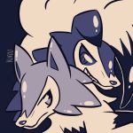  ambiguous_gender blue_background blue_body blue_eyes blue_fur blue_inner_ear canid canine cheek_tuft duo facial_tuft fur hair kufoo looking_at_another lycanroc mammal midday_lycanroc midnight_lycanroc nintendo pok&eacute;mon pok&eacute;mon_(species) sharp_teeth simple_background smile spikes teeth tuft video_games white_body white_fur 