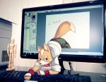  anthro black_nose bottomwear brown_body brown_fur canid canine clothed clothing crawling figurine fox fox_mccloud fur gloves green_bottomwear green_clothing green_eyes handwear hi_res jacket keyboard looking_at_viewer male mammal monitor nintendo real redscarf045 solo star_fox topwear video_games white_clothing white_topwear 