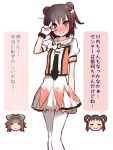  &gt;:) 3girls alternate_hairstyle blush brown_eyes cosplay crossed_legs double_bun embarrassed feet_out_of_frame jintsuu_(kantai_collection) kantai_collection looking_at_viewer multiple_girls naka_(kantai_collection) naka_(kantai_collection)_(cosplay) nose_blush pleated_skirt puffy_short_sleeves puffy_sleeves remodel_(kantai_collection) sailor_collar school_uniform sendai_(kantai_collection) serafuku short_sleeves simple_background skirt smile solo_focus thighhighs translation_request v_over_eye white_background white_legwear white_sailor_collar white_skirt yoru_nai 