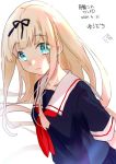  1girl arms_behind_back black_ribbon black_serafuku blonde_hair dated green_eyes hair_ribbon hatu_xxgoukan kantai_collection leaning_forward long_hair looking_at_viewer red_neckwear ribbon sailor_collar school_uniform serafuku simple_background solo straight_hair twitter_username upper_body white_background white_sailor_collar yuudachi_(kantai_collection) 