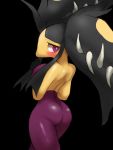  3:4 black_background breasts butt clothing dress female hi_res looking_at_viewer mega_evolution mega_mawile nintendo pok&eacute;mon pok&eacute;mon_(species) purple_clothing purple_dress purple_eyes rear_view simple_background solo sookmo teeth video_games yellow_body yellow_skin 