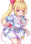  1girl :p bangs blonde_hair blue_sailor_collar blue_shirt blue_skirt blush bow bowtie breasts crop_top eyebrows_visible_through_hair finger_to_cheek hair_ornament hand_on_hip hand_up heterochromia highres hoshikawa_sara large_breasts long_hair looking_at_viewer multicolored_hair nijisanji red_eyes sailor_collar shirt side_ponytail sidelocks simple_background skirt solo streaked_hair thigh_strap tongue tongue_out very_long_hair virtual_youtuber white_background white_bow white_bowtie x_hair_ornament yellow_eyes yuano 