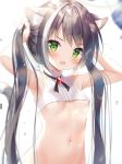  1girl :o animal_ears areola_slip areolae armpits arms_up bad_id bad_twitter_id bare_arms bare_shoulders black_hair blurry breasts brooch bunching_hair cat_ears depth_of_field frown futaba_miwa green_eyes groin jewelry karyl_(princess_connect!) long_hair looking_at_viewer midriff multicolored_hair navel no_bra open_mouth princess_connect! princess_connect!_re:dive shirt sidelocks sleeveless sleeveless_shirt small_breasts solo stomach streaked_hair twintails upper_body very_long_hair white_shirt 