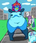  2020 amphibian anthro big_chungus blue_body blue_nipples bottomless breasts clothed clothing clothing_lift detailed_background dustin_(sfd) exhibitionism female flashing frog green_eyes green_tongue hair hi_res highlights_(coloring) navel nipples obese obese_female orange_hair overweight overweight_female phone presenting presenting_breasts public purple_highlights shadowfirdark shirt shirt_lift taking_picture thick_thighs tongue topwear 