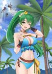  4girls bikini blue_hair blue_sky breasts cleavage cloud day desspie earrings fire_emblem fire_emblem:_radiant_dawn fire_emblem:_the_blazing_blade fire_emblem_awakening fire_emblem_heroes green_eyes green_hair highres jewelry lilith_(fire_emblem) long_hair lyn_(fire_emblem) marth_(fire_emblem_awakening) mask mia_(fire_emblem) multiple_girls one_eye_closed open_mouth outdoors palm_tree ponytail robin_(fire_emblem) robin_(fire_emblem)_(female) short_hair sky solo_focus swimsuit tree twintails v white_hair 