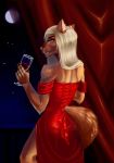  alcohol anthro beverage butt clothing dantewolfguy detailed_background dress elegant exposed_leg female hair hi_res moon rear_view red_clothing red_dress snout solo star wine wine_glass 