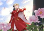  1girl blue_sky cape cloud dated day edelgard_von_hresvelg fire_emblem fire_emblem:_three_houses flower headpiece horns open_mouth outdoors petals purple_eyes robaco sky solo twitter_username white_hair 