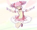  1girl bow bubble_skirt choker gloves hair_bow kaname_madoka kinfuji kneehighs legs_up looking_down magical_girl mahou_shoujo_madoka_magica mary_janes pink_bow pink_eyes pink_foowear pink_hair shoes simple_background skirt twintails white_background white_gloves white_legwear 